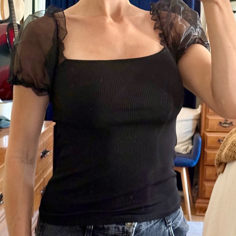 Nasty Gal Black Sheer Puff Sleeve Blouse